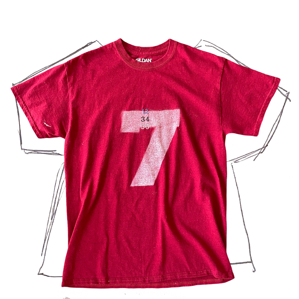 front of tshirt, red tshirt with white number 7 in the center, "12, 34, 56" vertical embroidery in the center