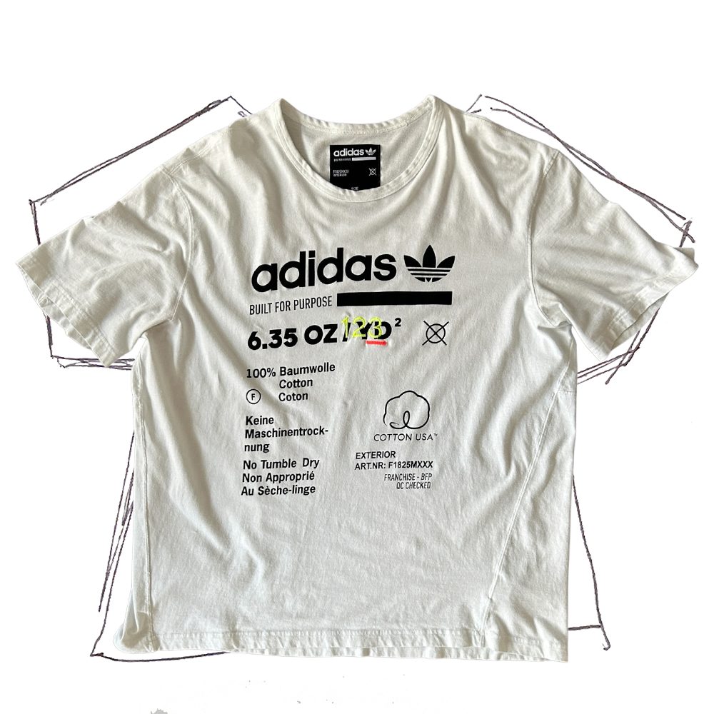 front of tshirt, white tshirt with black adidas care graphic, with neon yellow "123" center stitch, "3" underlined with bright salmon color stitching