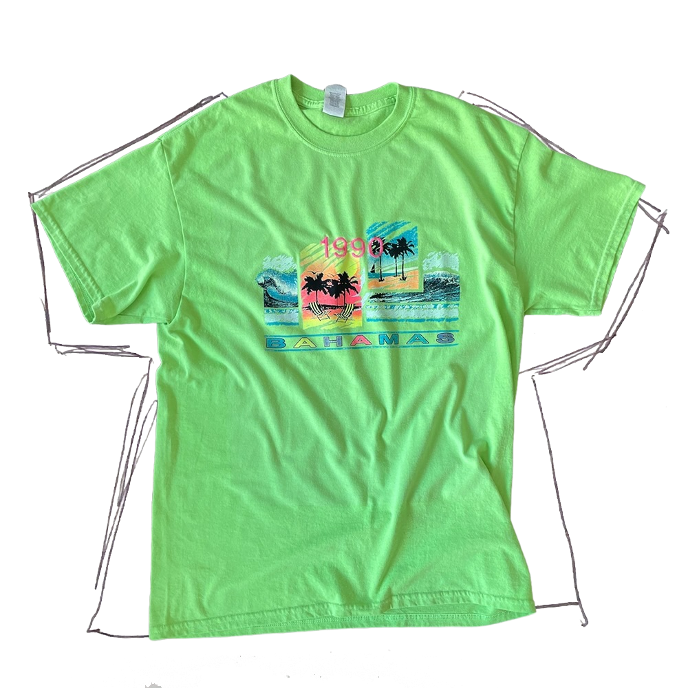 front of tshirt, neon grey Bahamas tshirt with neon pink "1990" embroidery in the center