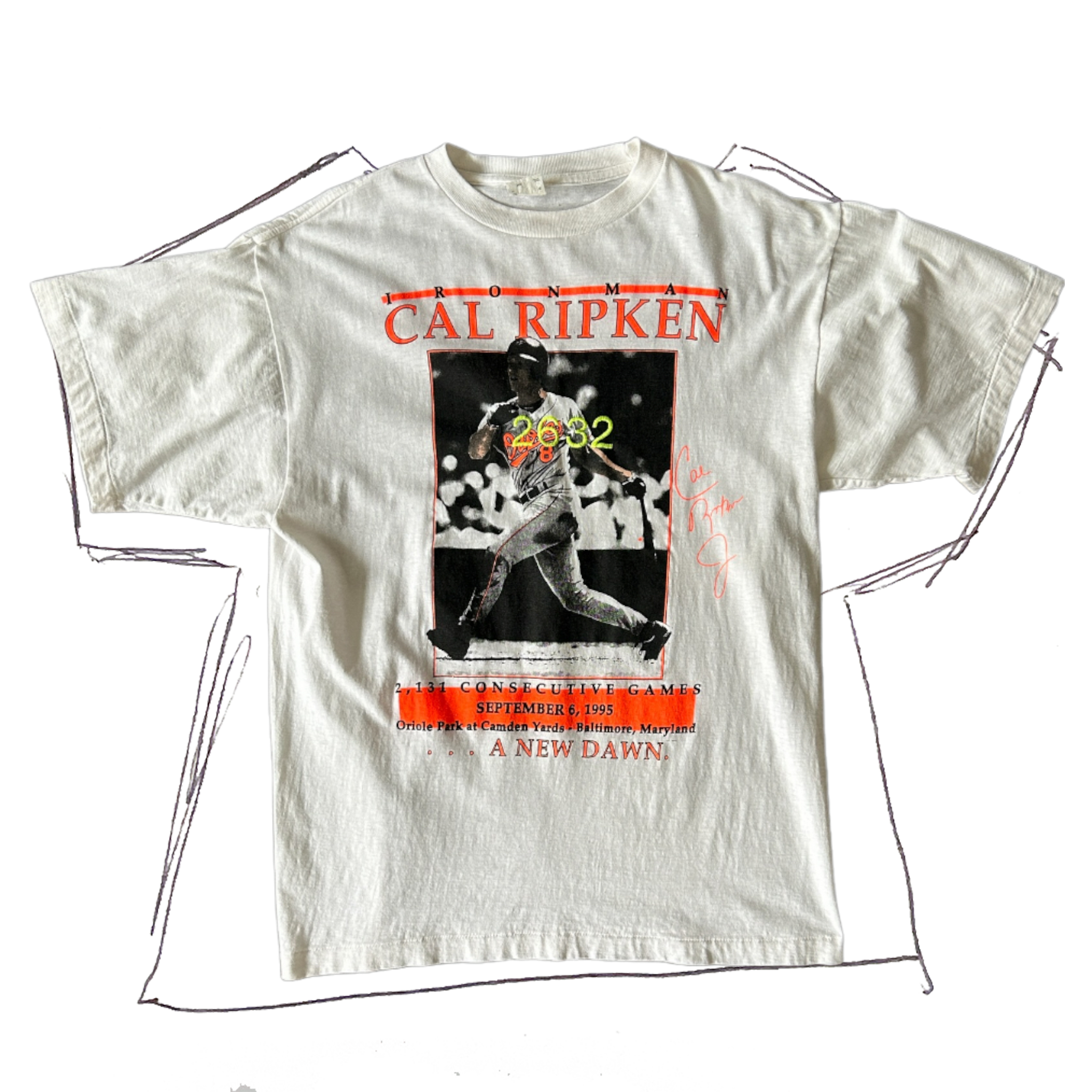 front of t-shirt, white t-shirt with black/white photograph of cal ripken playing outlined in neon orange with neon orange and black text featured above/below the photo, with "2632" neon yellow embroidery in center