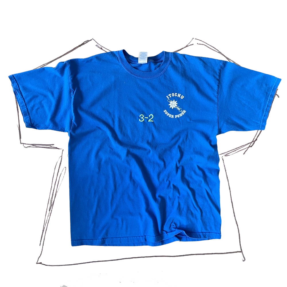 front of tshirt, blue tshirt with "3-2" neon green embroidery in center