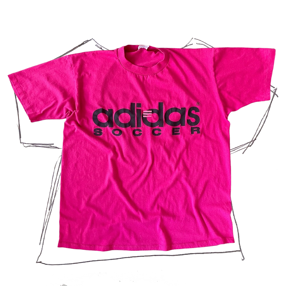 front of tshirt, pink adiidas soccer black text  with three horizontal neon pink stripes embroidery in the center