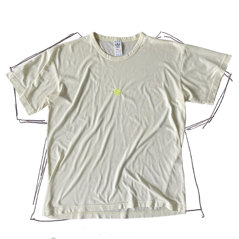 front of tshirt, light yellow adidas tshirt with three neon yellow stacked angled lines embroidery in center