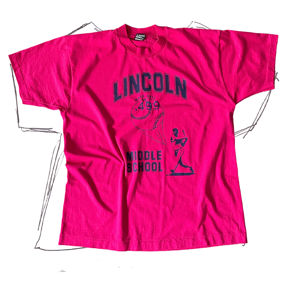 front of tshirt, bright fuscia lincoln middle school baseball tshirt with dark purple ".499" center stitch