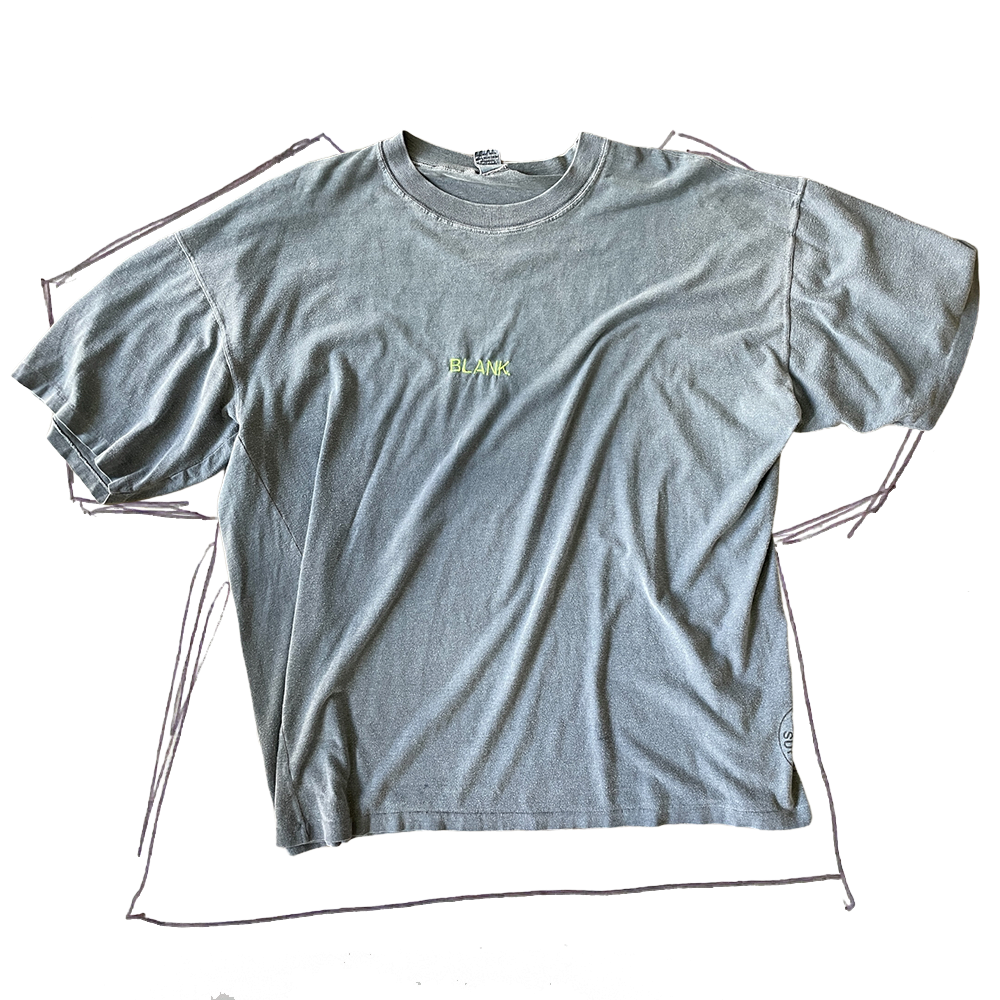 front of tshirt, blank navy tshirt with neon green "blank" embroidery in center