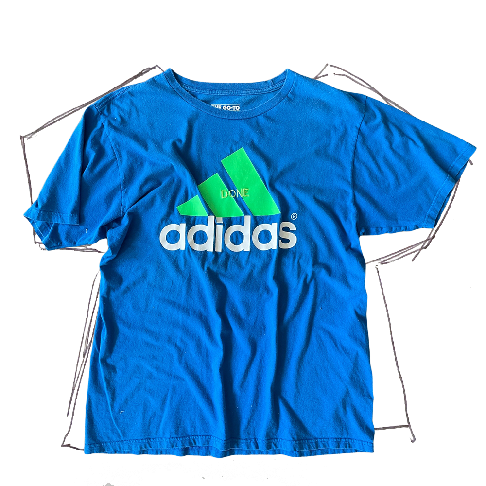 front of shirt, blue adidas tee with neon green and white adidas logo with neon green "done" embroidery in center