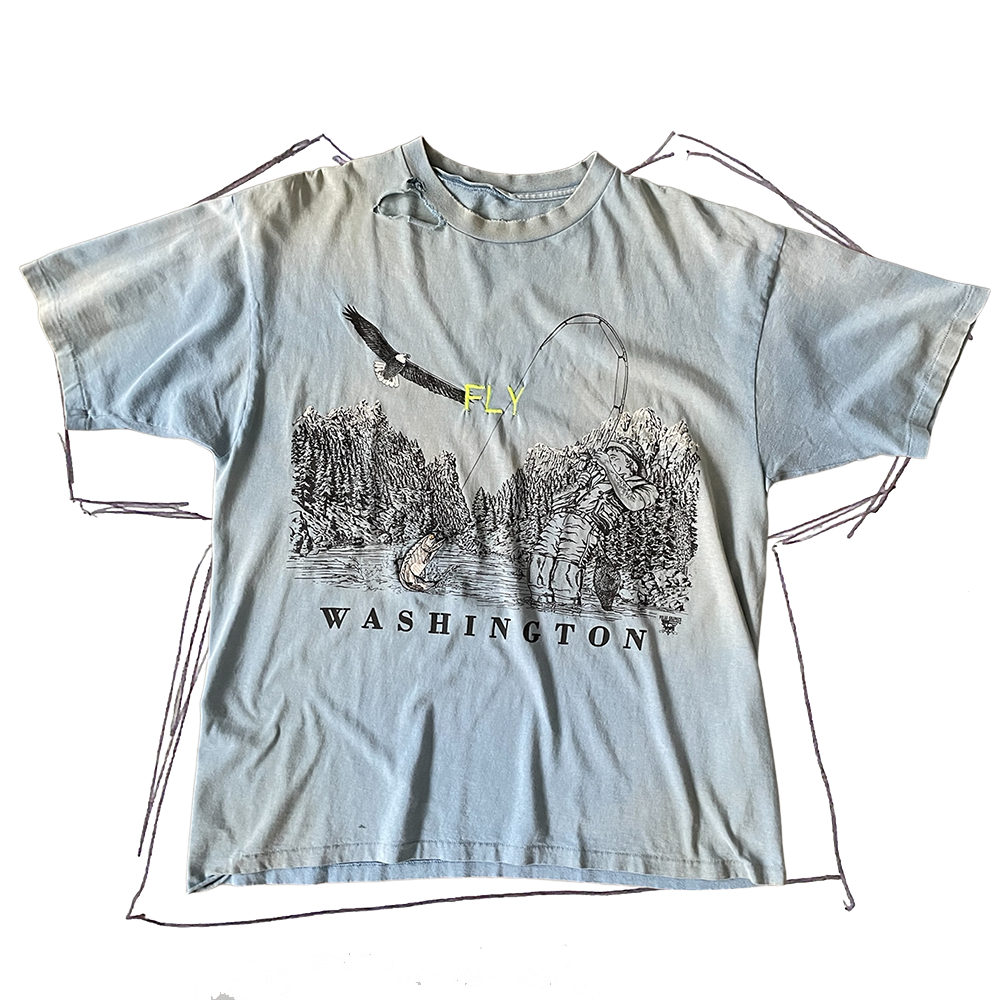 front of tshirt, washington fly fishing graphic with neon yellow "fly" embroidery in center