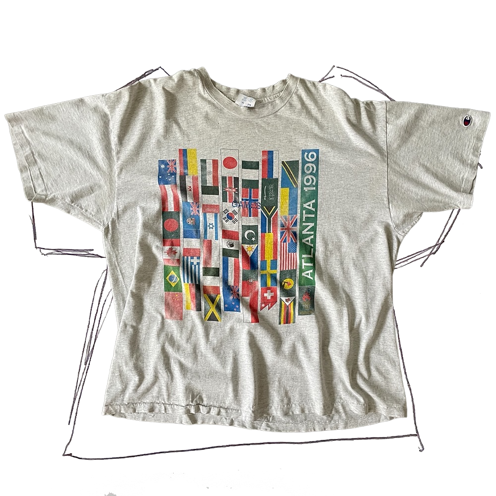 front of tshirt, 1996 atlantic olympics country flags graphic with blue "games" embroidery in center