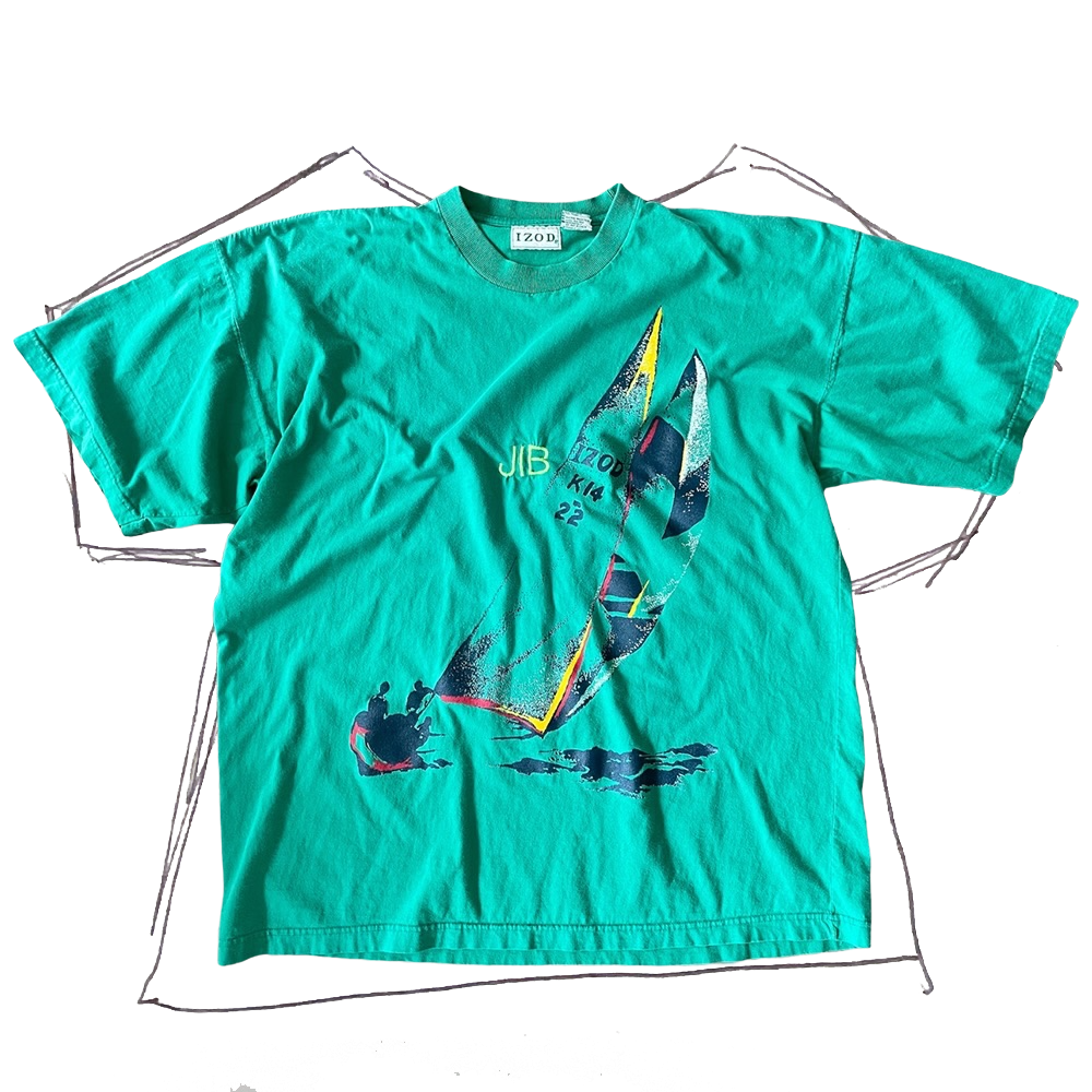 front of tshirt, teal with Izod K14 22 sailboat graphic with neon green "jib" embroidery in center