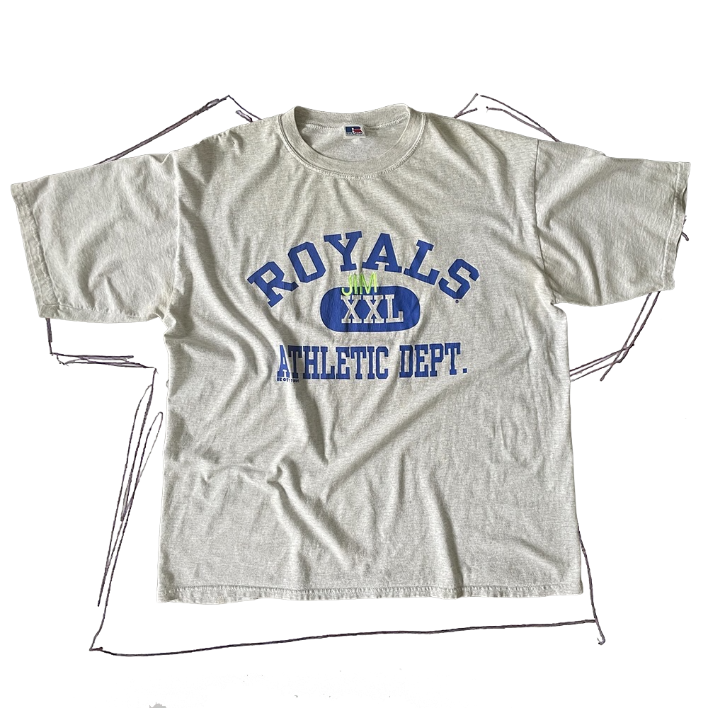 front of tshirt, grey withroyals xxl athletic dept blue graphic with neon green "jim" embroidery in center