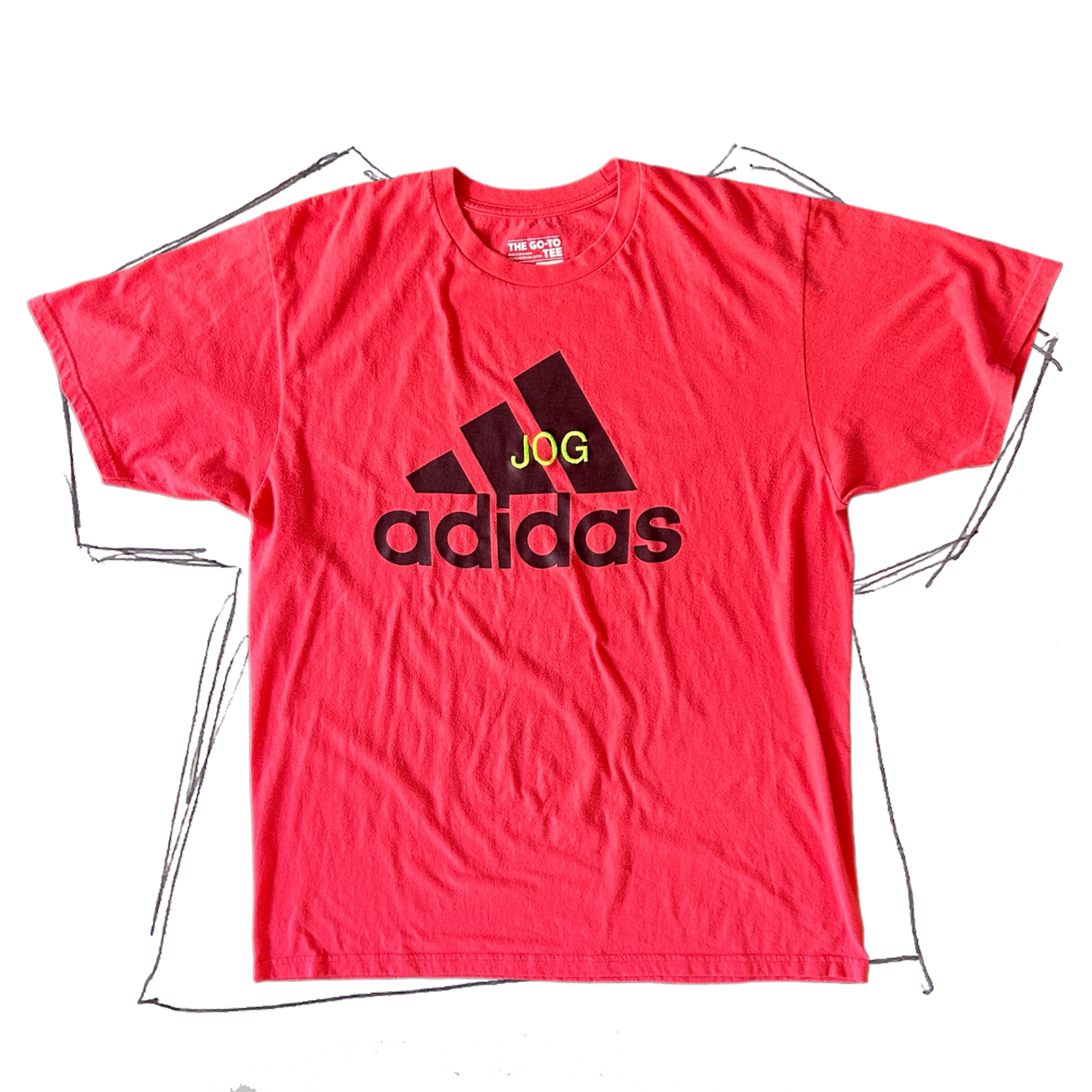 front of tshirt, bright red tshirt with black adidas logo and neon yellow "jog" embroidery center stitch