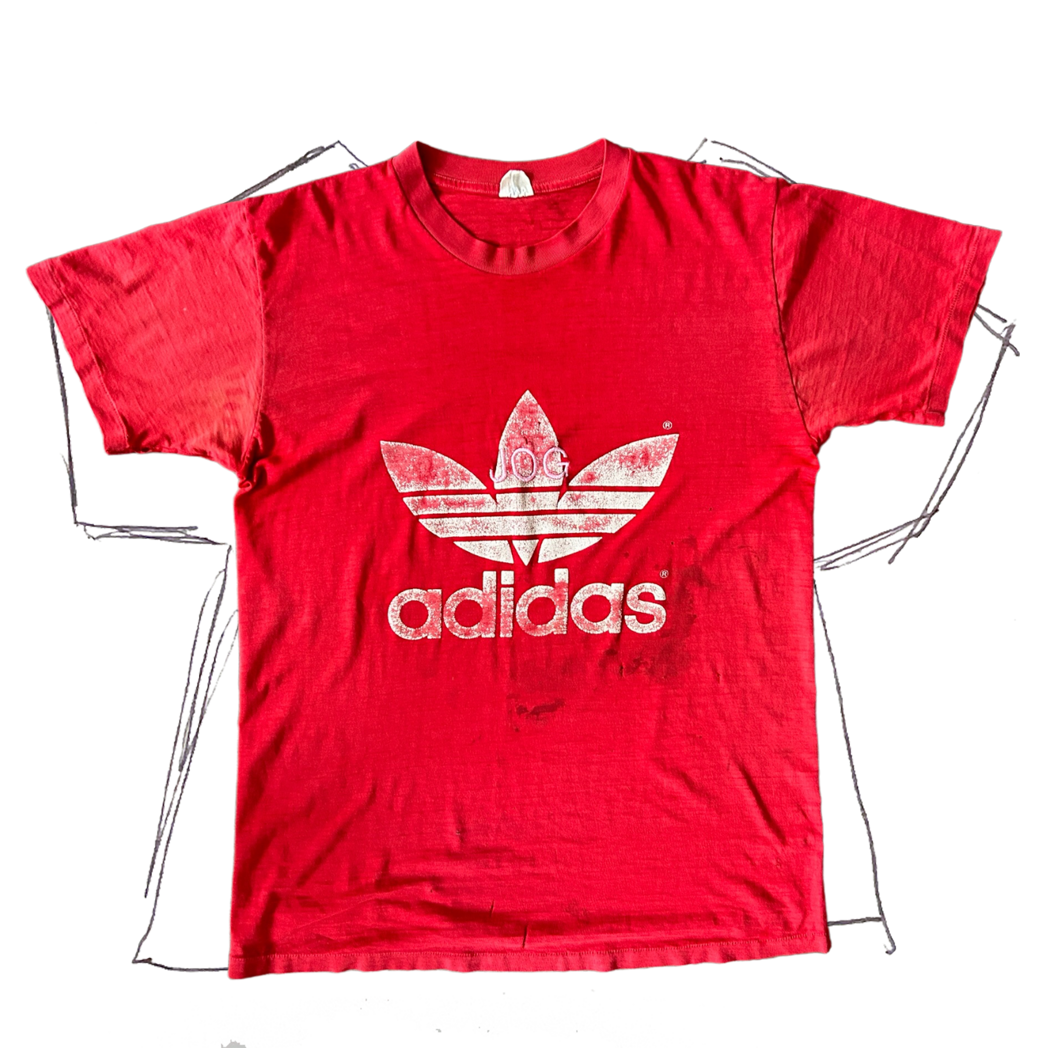 tshirt, front, bright red with white adidas logo, very thin material, "jog" light pink center stitch