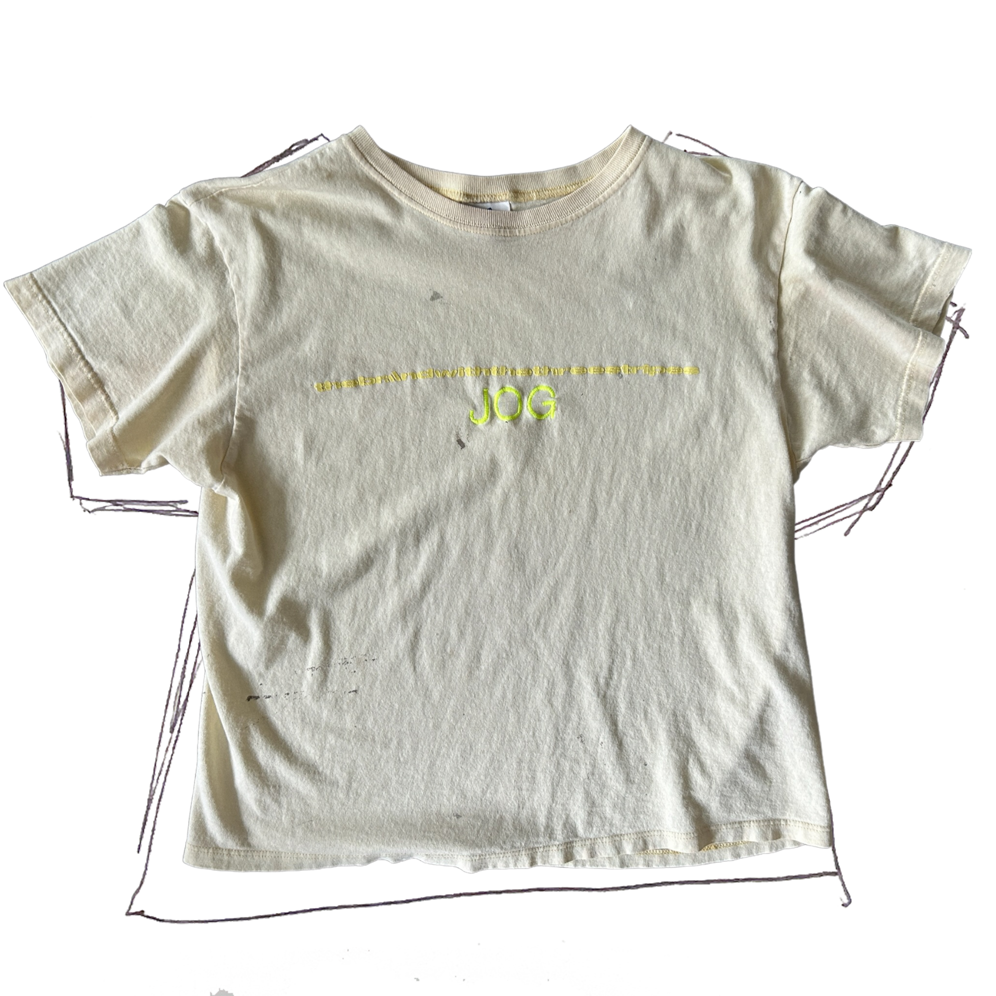 tshirt, front, light yellow, "jog" neon yellow center stitch, boxy fit, raised "the brand with the three stripes" text in center