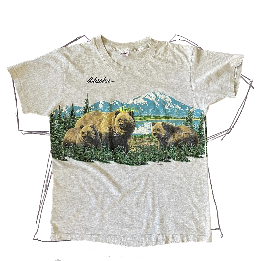 front of tshirt, grey with alasa bear wrap around graphic with neon yellow "juneau" embroidery in center