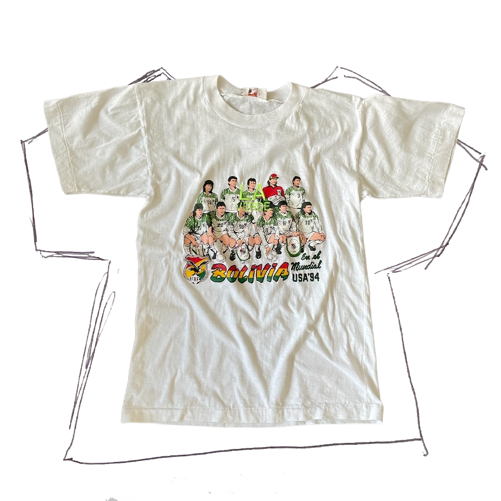 front of tshirt, white tshirt with bolivia world cup usa '94 soccer team with neon green "la verde" embroidery in center