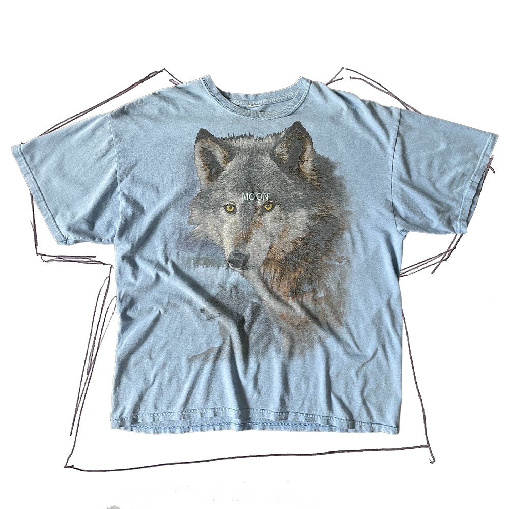 front of tshirt, light blue with wolf graphic with light blue "moon" embroidery in center