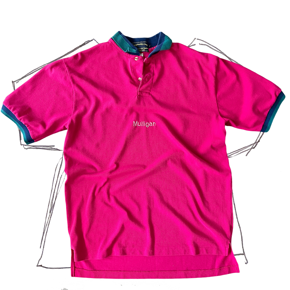 front of polo,  fuchsia polo with blue and green striped collar and sleeve cuffs with champagne "mulligan" embroidery in center