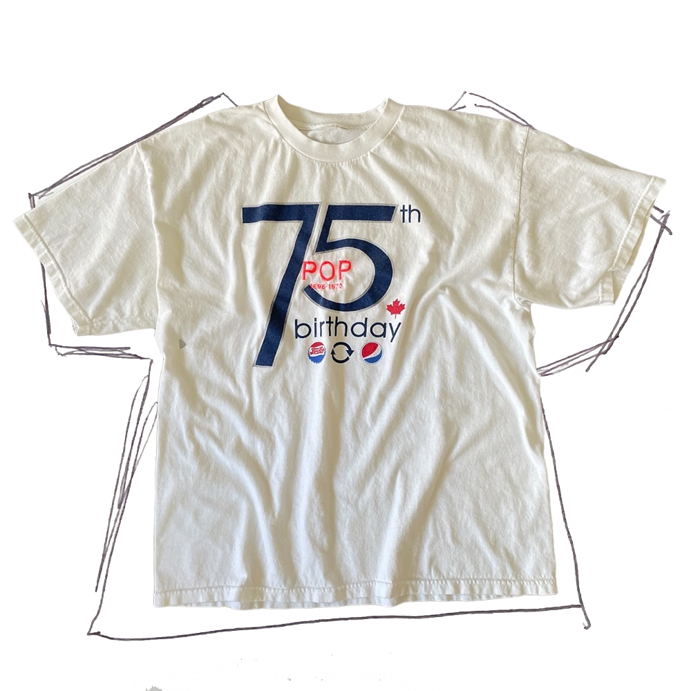 front of tshirt, white with 75th pepsi birthday graphic with neon pink "pop" and dates in center