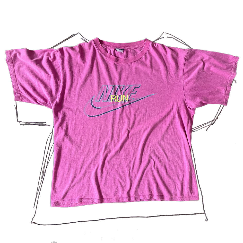 front of tshirt, pink nike tshirt with pink nike logo graphic with neon yellow "run" embroidery in center