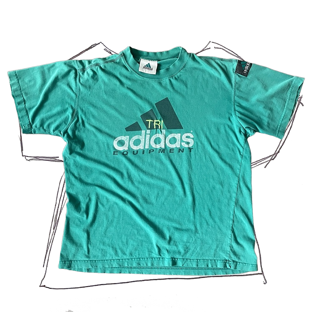 front of tshirt, forest green adidas tshirt with white/green adidas equipment logo in center, with neon green "tri" embroidery in center