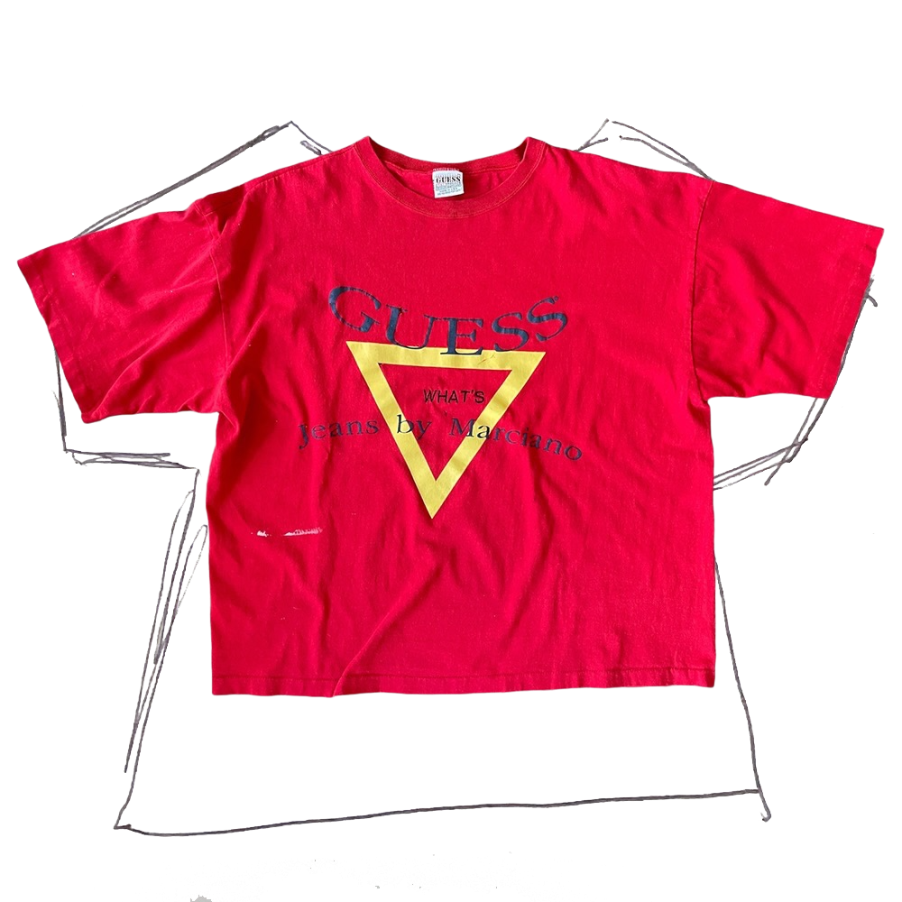 front of tshirt, bright red guess jean by marciano text with bright yellow upside down triangle graphic in center, with black "what's" embroidery in center