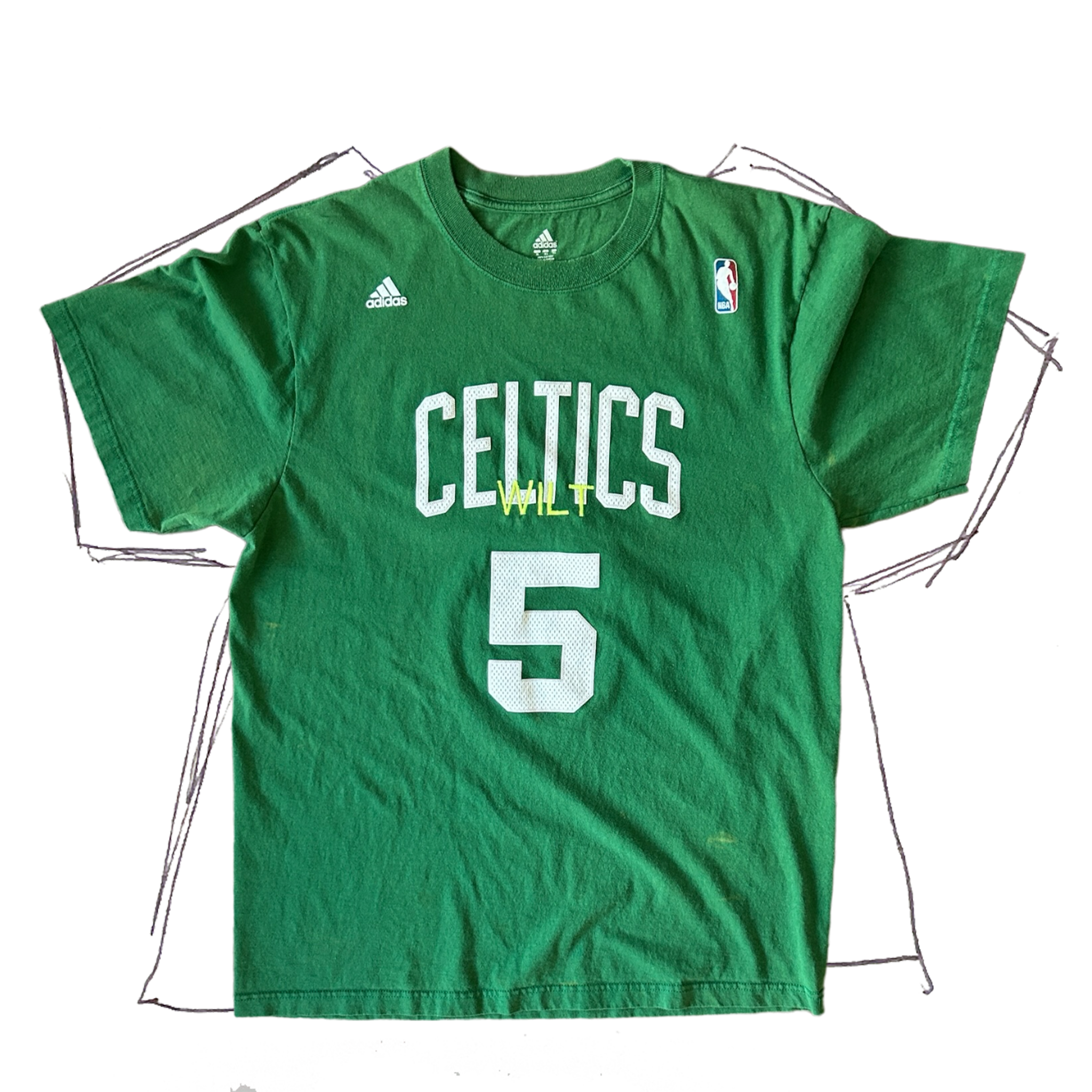 front of tshirt, green Garnett 5 celtics tshirt with neon yellow "wilt" center stitch